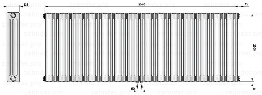Схема (чертеж) Радиатор Zehnder Charleston 4280/45 №5410 Белый глянцевый RAL 9016